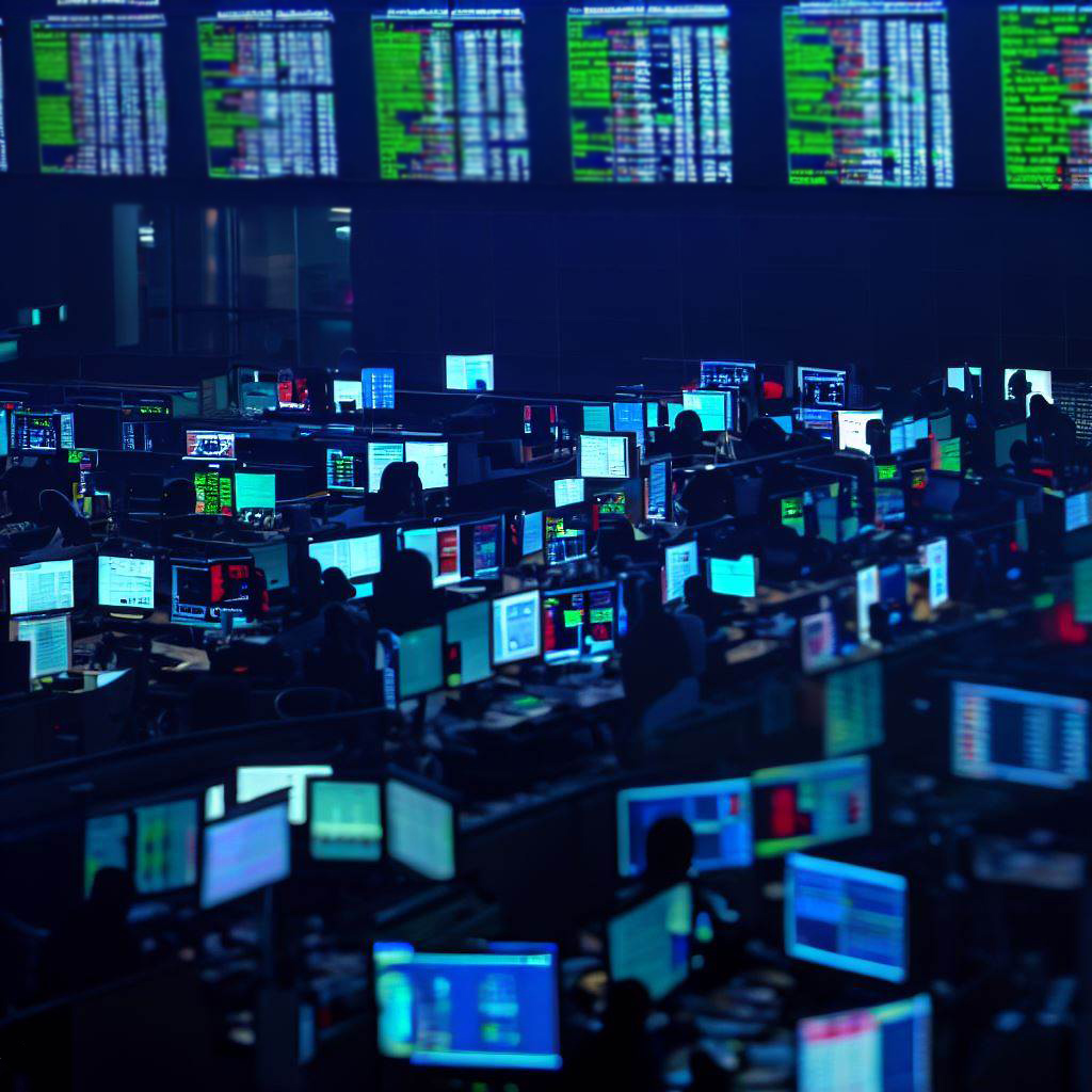 Commodity traders sitting in front of Bloomberg terminals trading crude products.