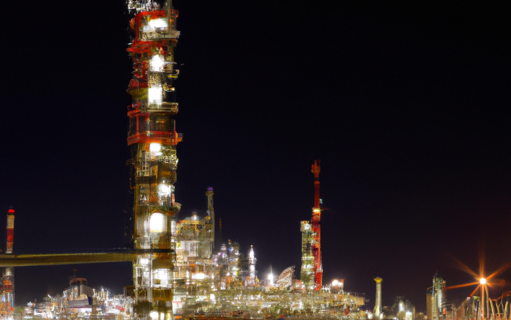 Refinery photo at night. Crude oil processing.