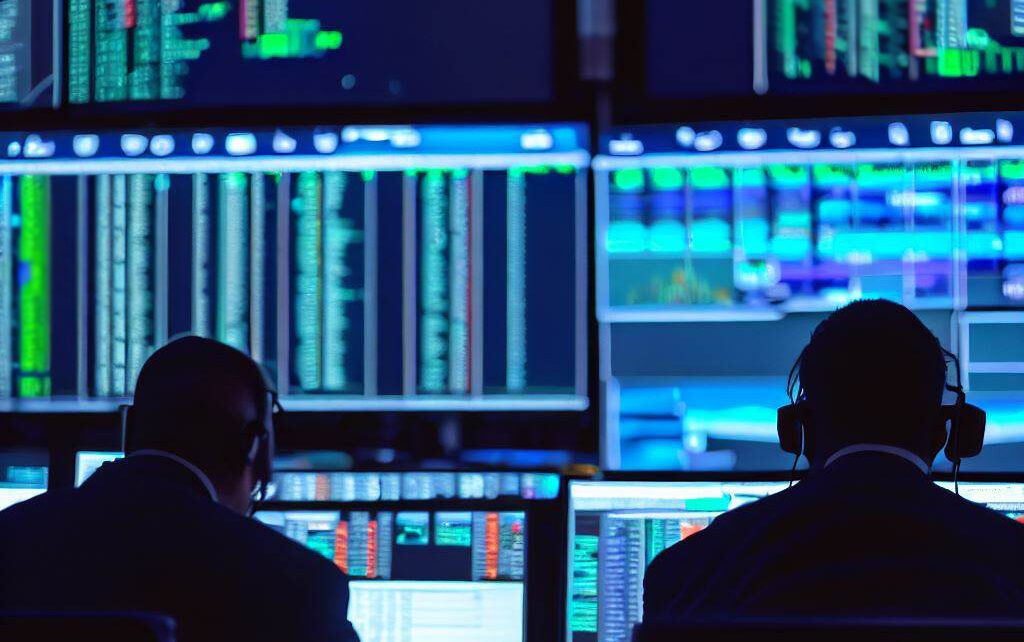 Two commodity traders sitting in front of obscured Bloomberg terminals.