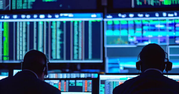 Two commodity traders sitting in front of obscured Bloomberg terminals.