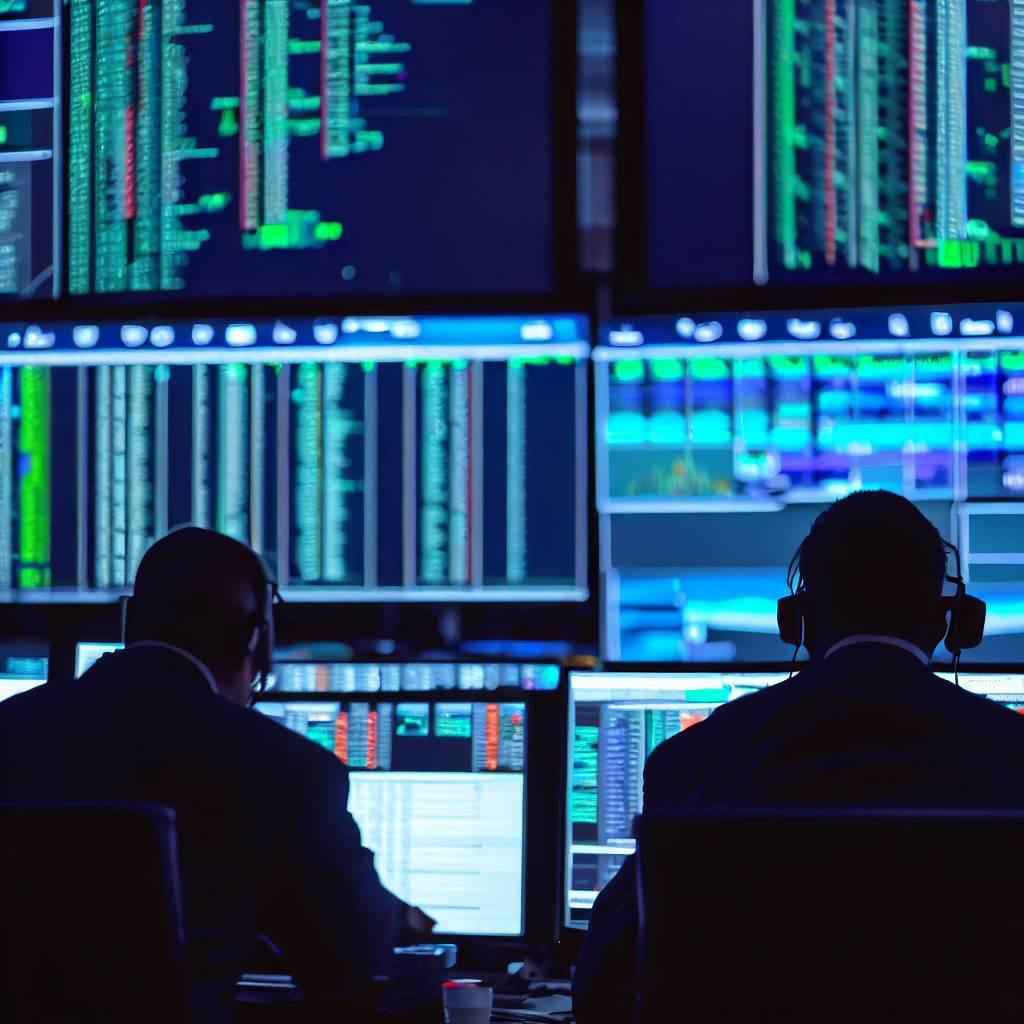 Two commodity traders sitting in front of obscured Bloomberg terminals.