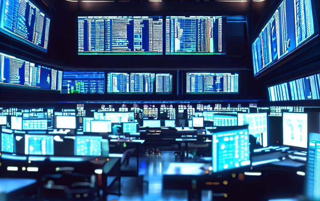 View of a trading floor, obscured Bloomberg terminals, commodity traders.