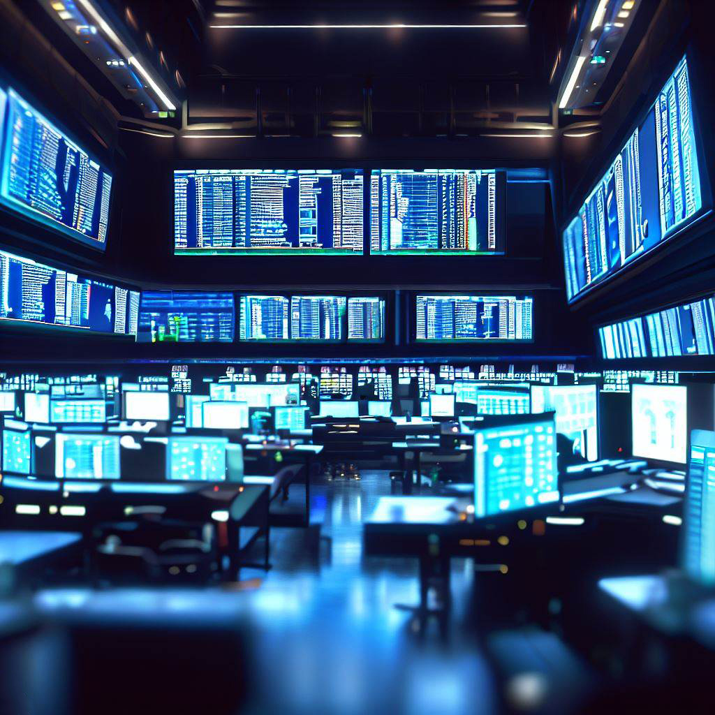 View of a trading floor, obscured Bloomberg terminals, commodity traders.